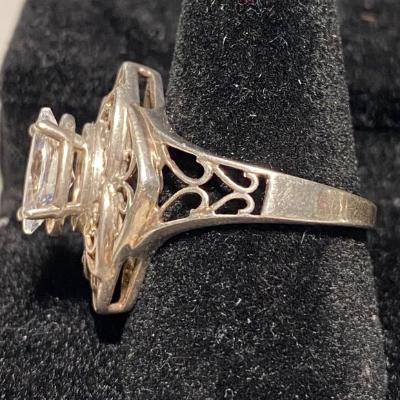 Ring Marquis CZ Cubic Zirconia 10mm x 5mm Filigree Vintage Jewelry Sterling Silv - Picture 4 of 16